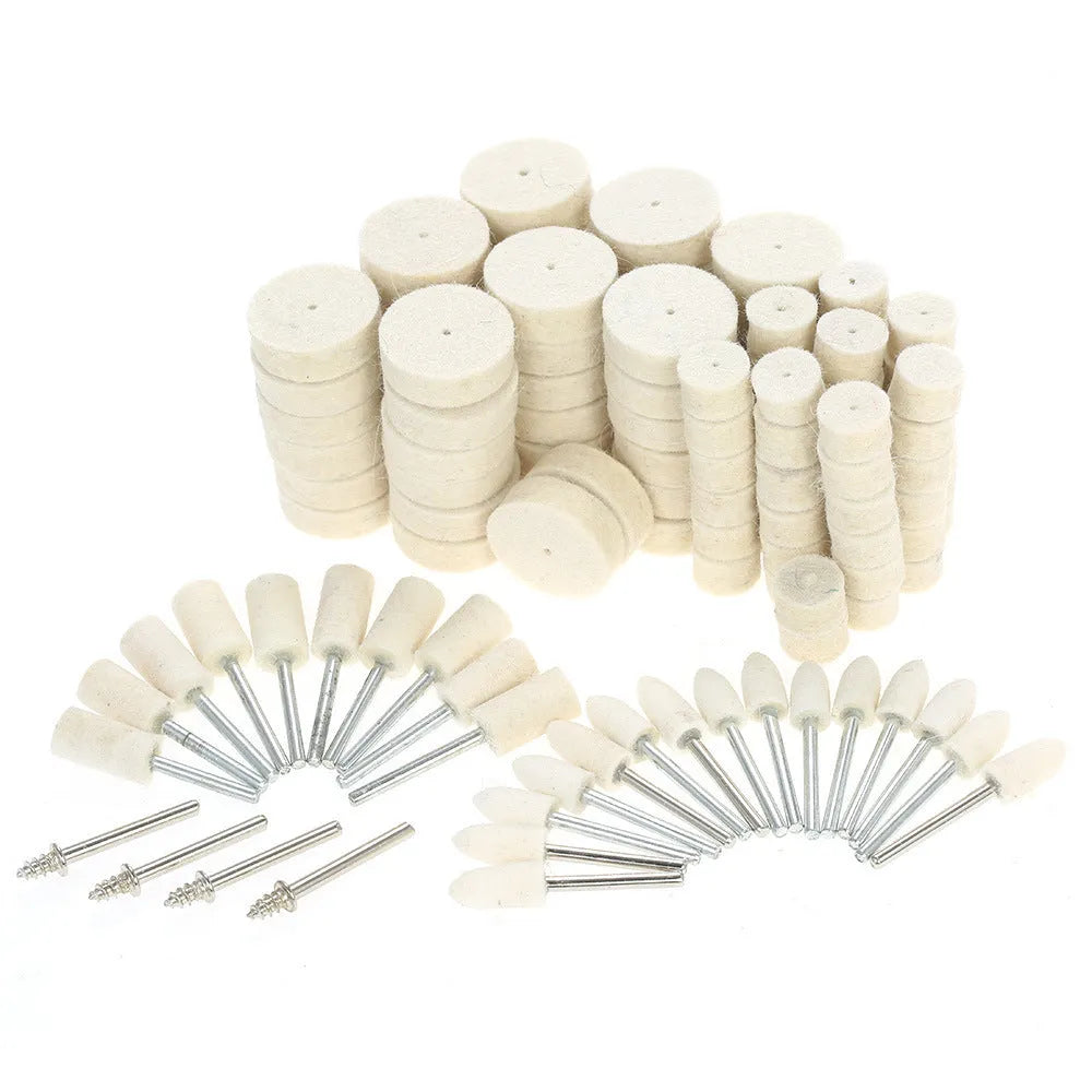 White wool and felt polishing wheel kit with 129 pieces including handles and abrasive wheels for rotary tools
