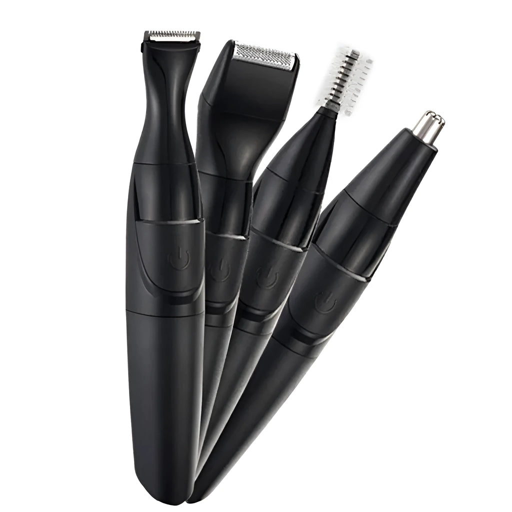 Men's electric trimmer set with black reciprocating shaver, attachments, and positioning combs