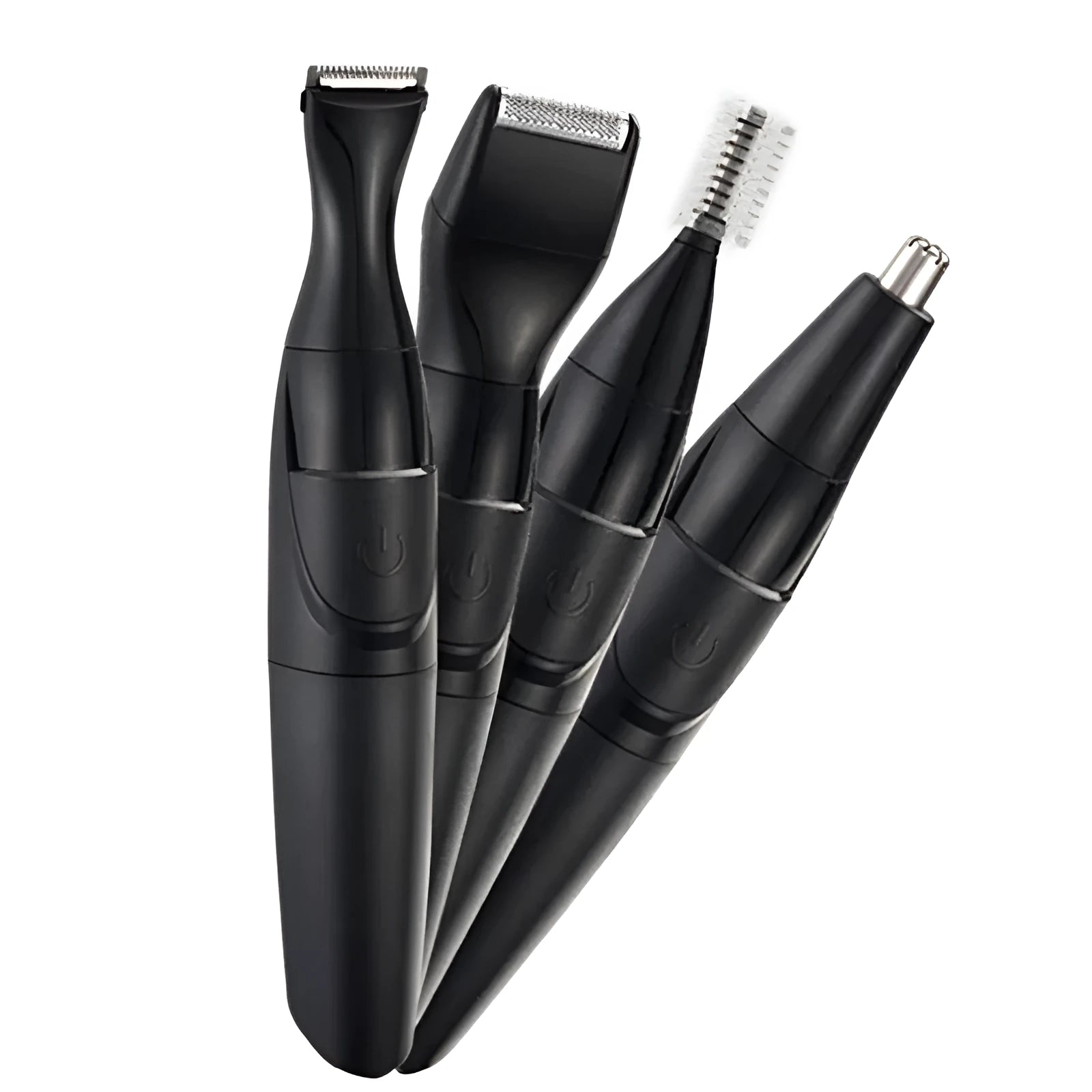 Men's electric trimmer set with black reciprocating shaver, attachments, and positioning combs