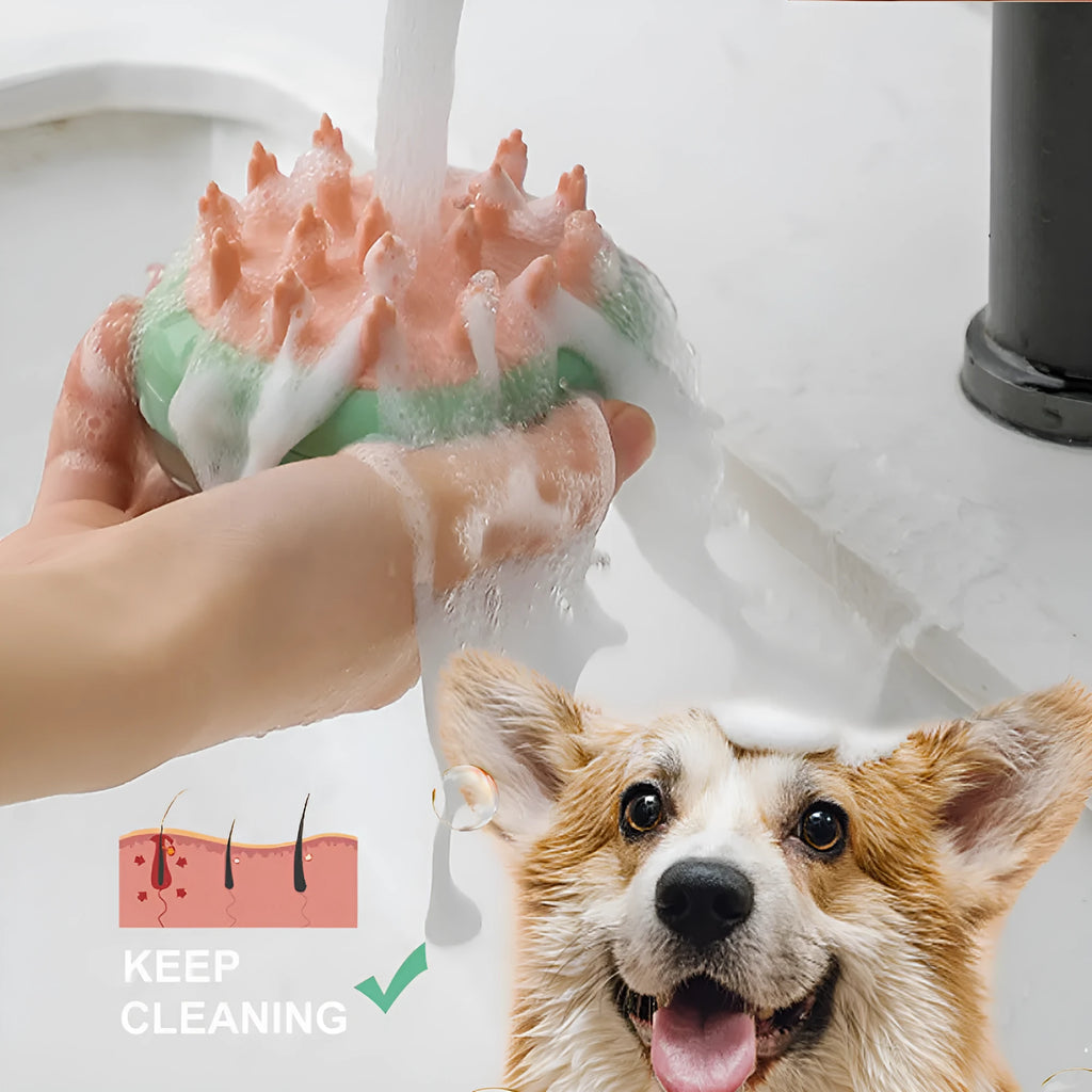Blue pet grooming brush with soap dispenser and silicone bristles for dogs and cats