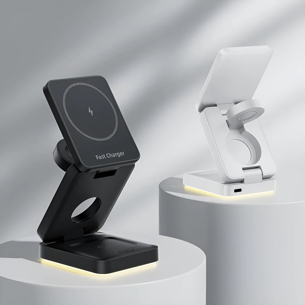 Three-in-one folding magnetic wireless charger in black or white with USB cable and manual