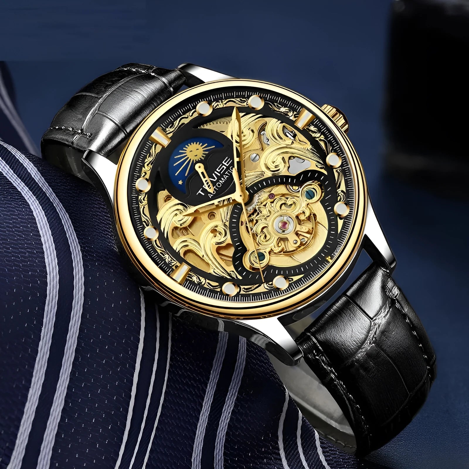 Men's gold and white leather strap automatic mechanical watch with 16mm case.