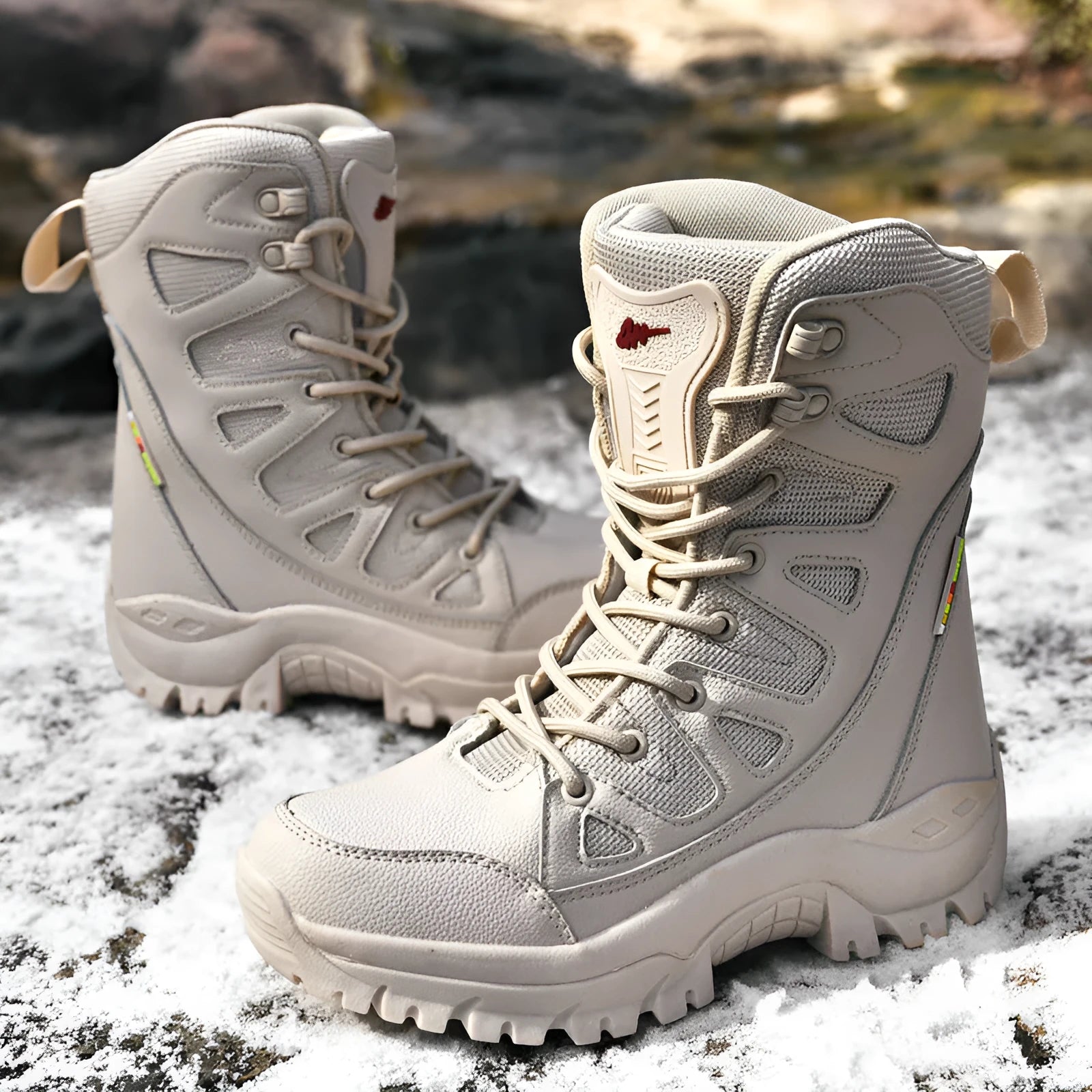 Beige cowhide leather hi-top hiking shoes on a rocky outdoor trail