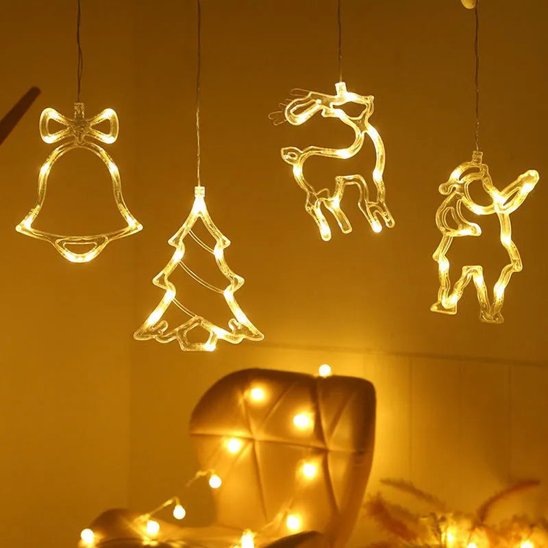 LED Christmas suction cup chandelier with Santa, elk, and snowman designs on window