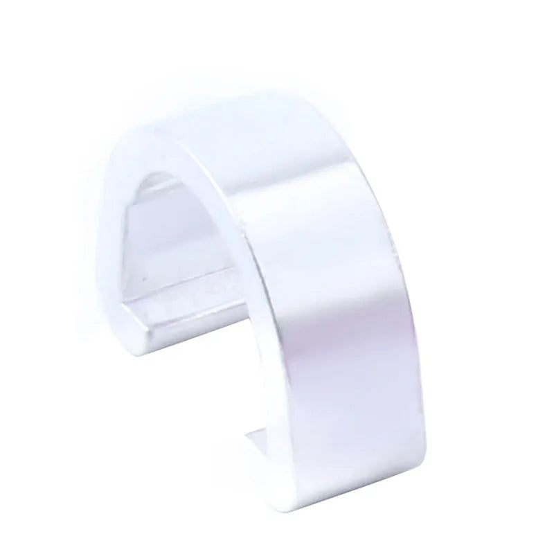 Set of ten small aluminium alloy C-shaped buckles in assorted colours on a white background.