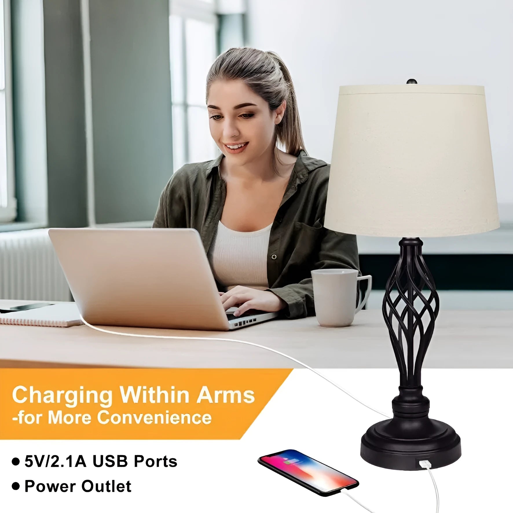 Contemporary European style bedside table lamp with touch controls and USB charging socket