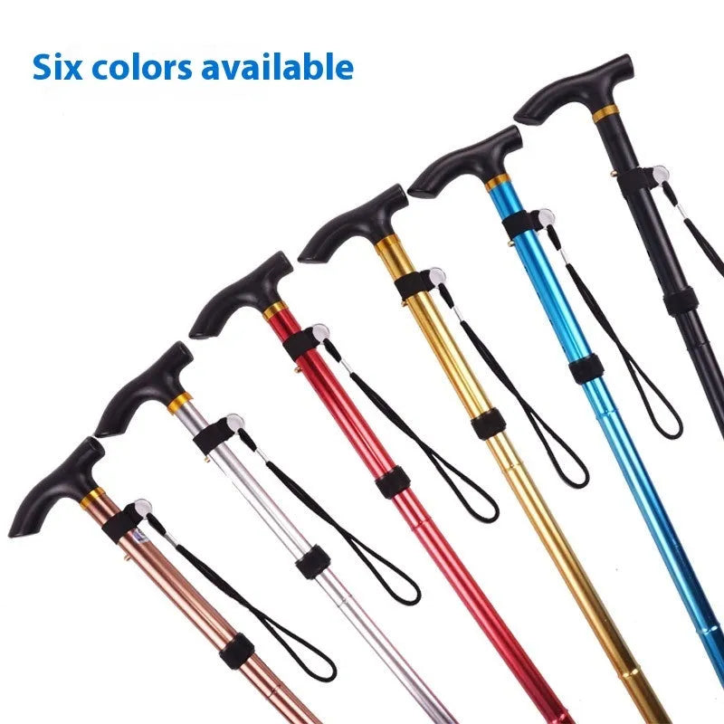 Aluminium folding walking cane extended to show adjustable shaft and textured non-slip handle.