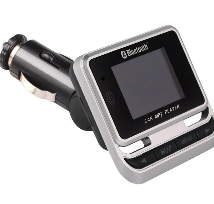 Silver car Bluetooth MP3 player with monochrome screen and FM transmitter for hands-free calling