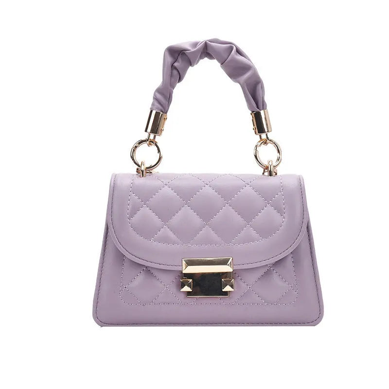 Korean-style purple square shoulder bag showing tapered 16-19cm width with crossbody strap