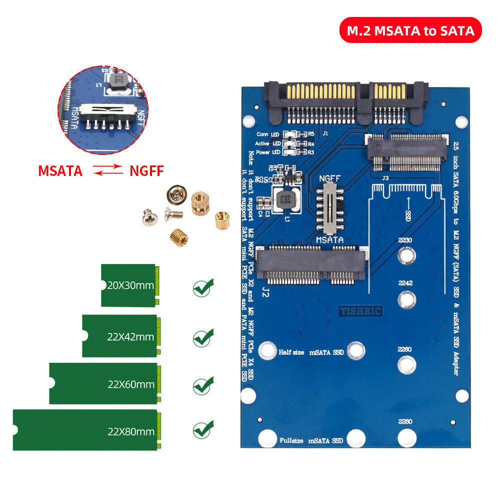 Black and blue SATA3 to M.2 NGFF mSATA SSD conversion adapter card on a white background.