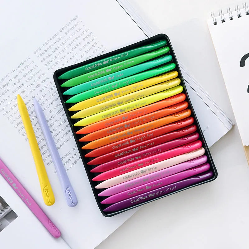 24 colour plastic crayons boxed in a carton pack, each crayon 12.8cm long