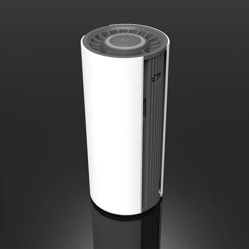 White ABS car air purifier with negative ion and USB power, placed in a cup holder