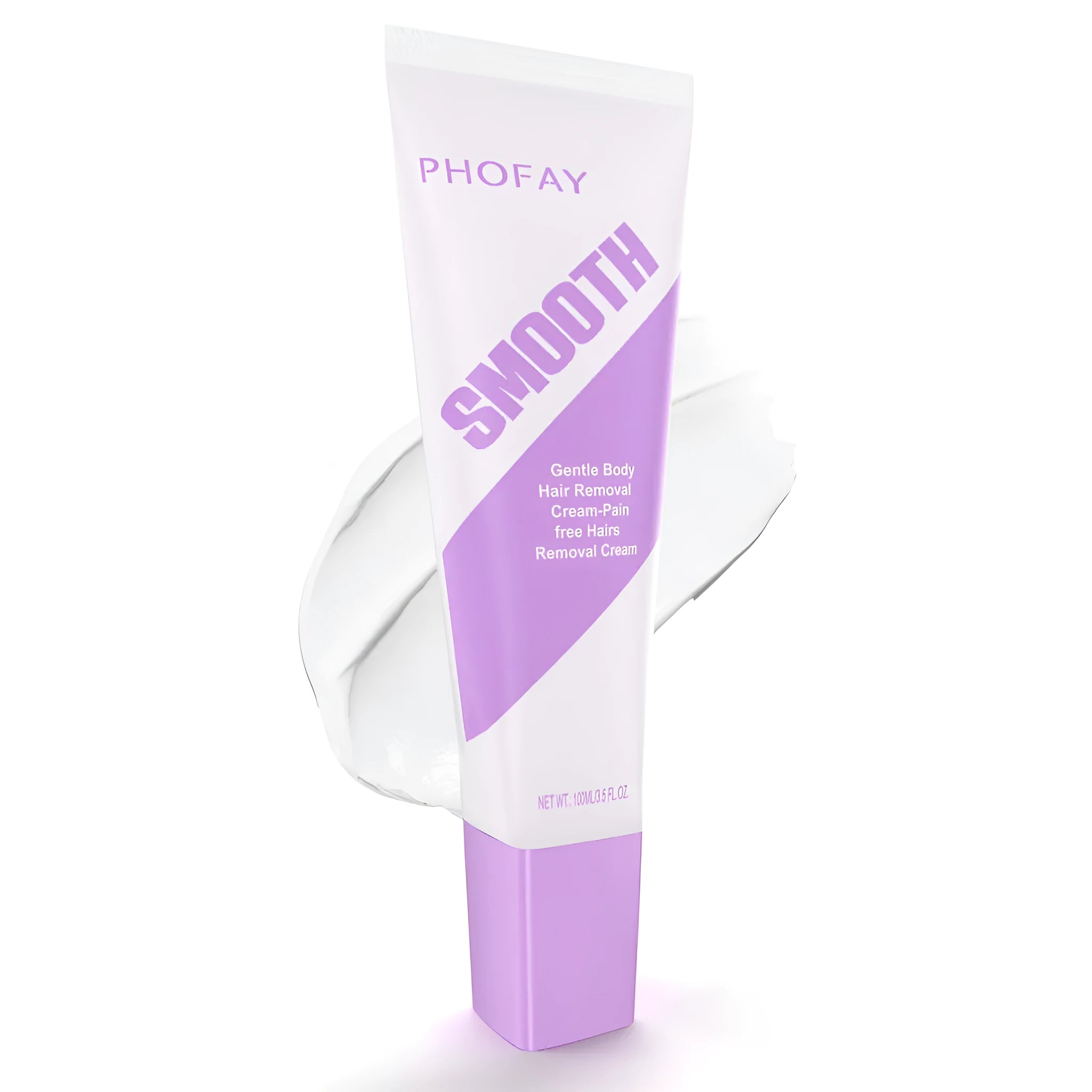 PHOFAY pain-free hair removal cream tube and included plastic scraper tool on a clean background.