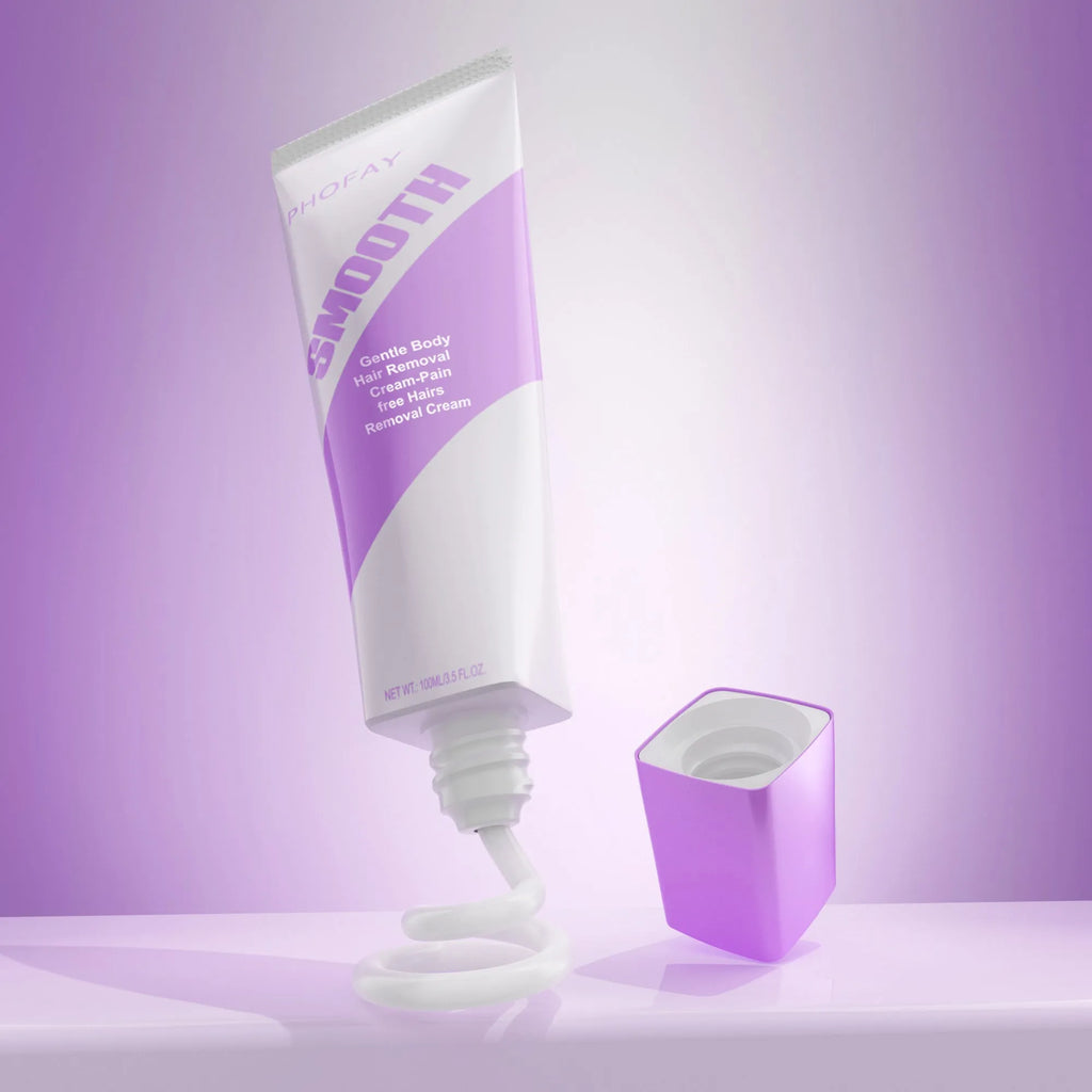 PHOFAY pain-free hair removal cream tube and included plastic scraper tool on a clean background.