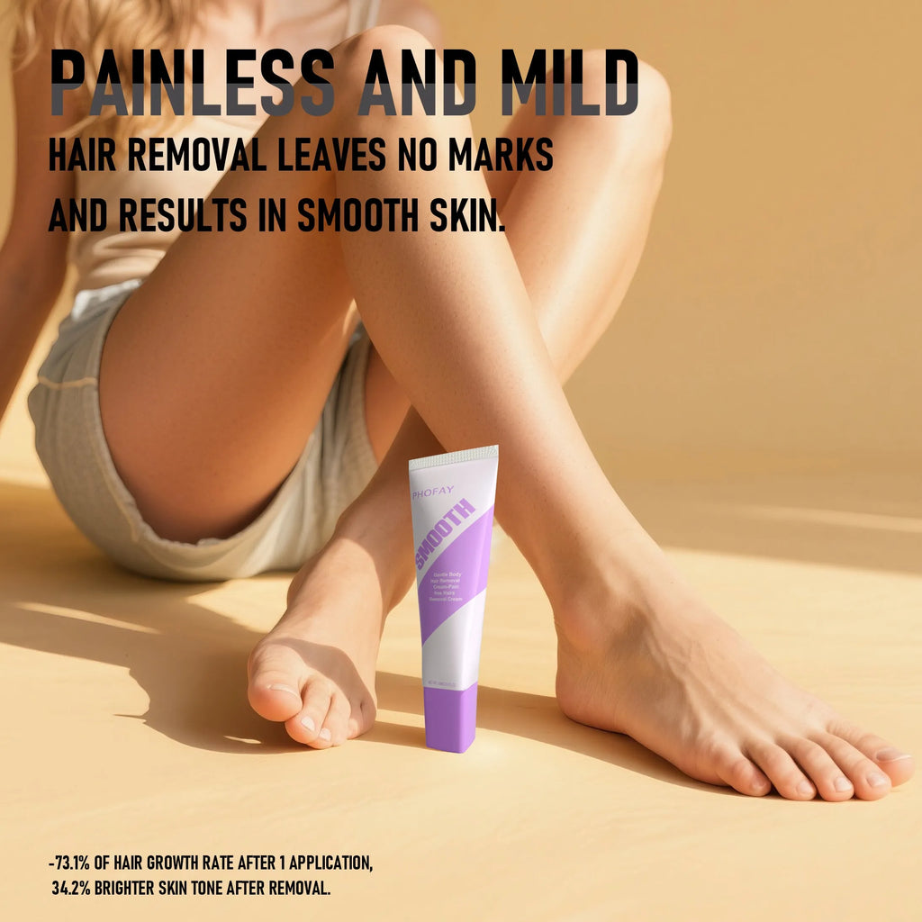 PHOFAY pain-free hair removal cream tube and included plastic scraper tool on a clean background.