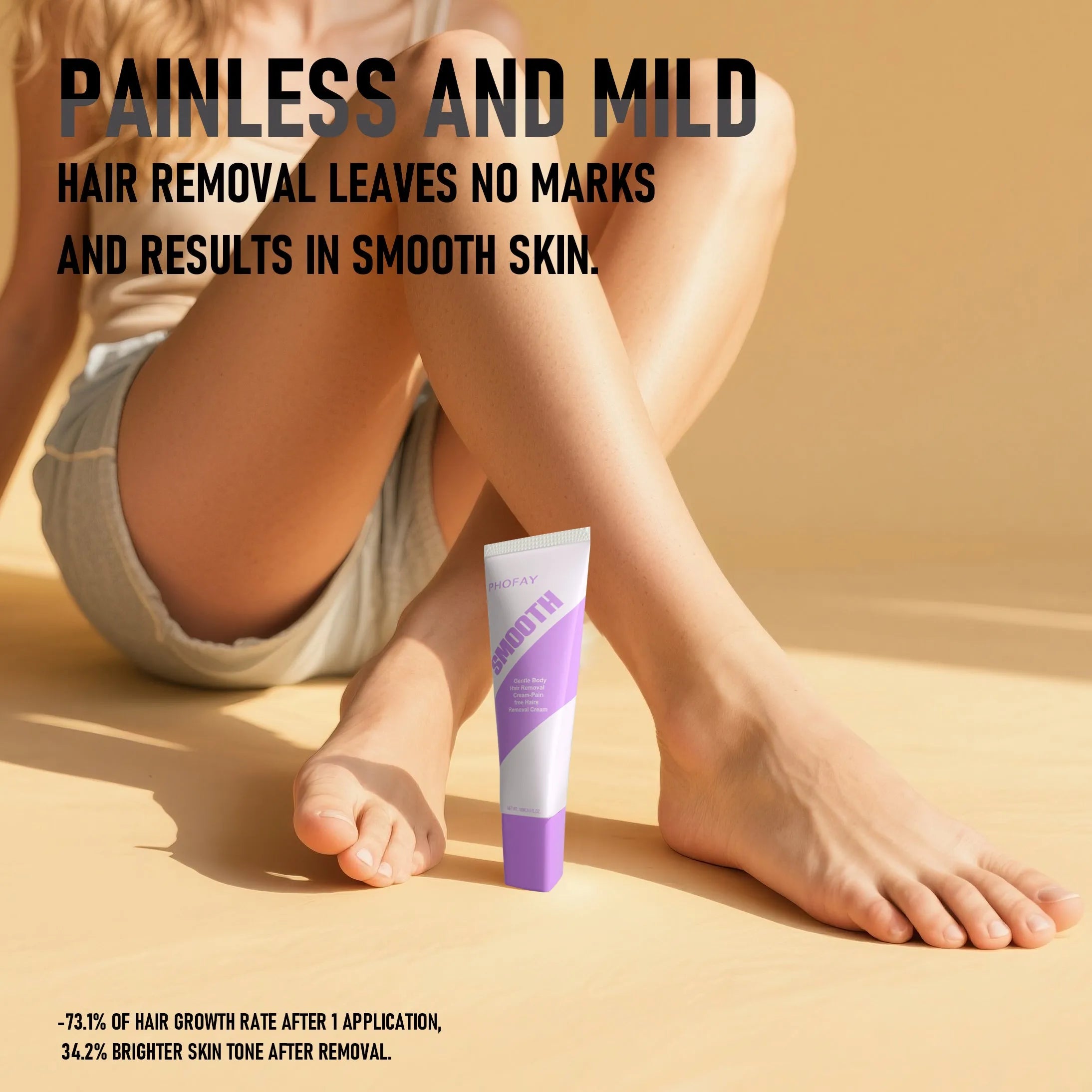 PHOFAY pain-free hair removal cream tube and included plastic scraper tool on a clean background.