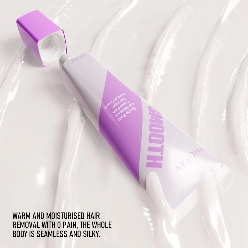 PHOFAY pain-free hair removal cream tube and included plastic scraper tool on a clean background.