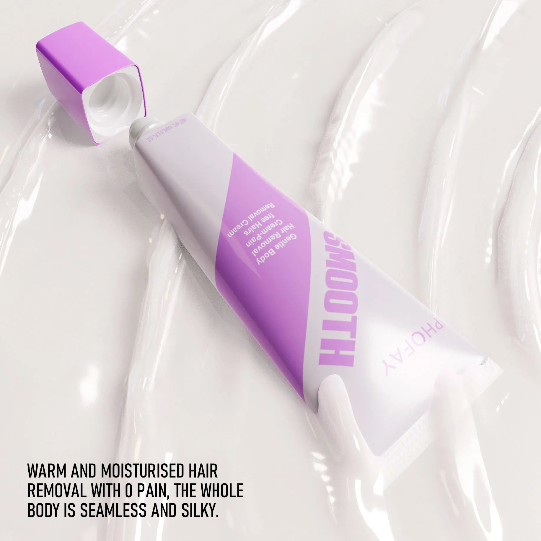 PHOFAY pain-free hair removal cream tube and included plastic scraper tool on a clean background.