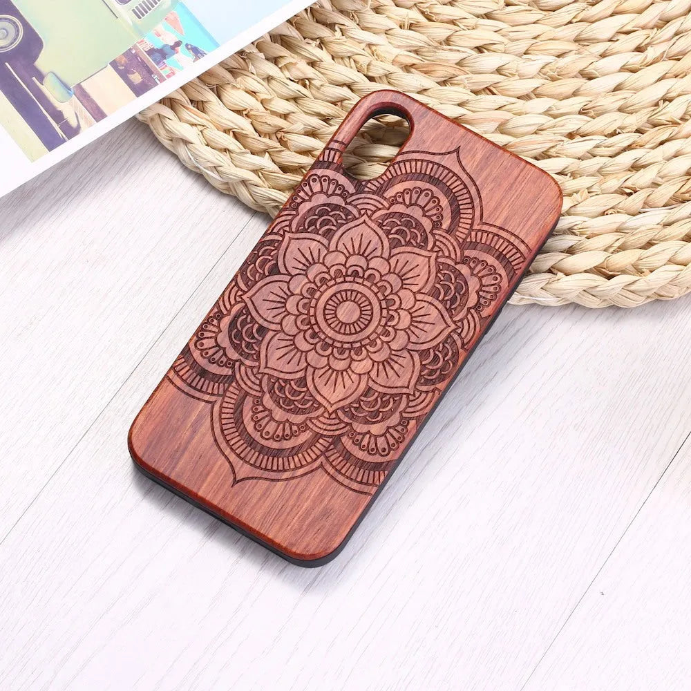 Mandala Stick Wood TPU Phone Case for iPhone 11 Pro Max in brown with laser-carved wood pattern