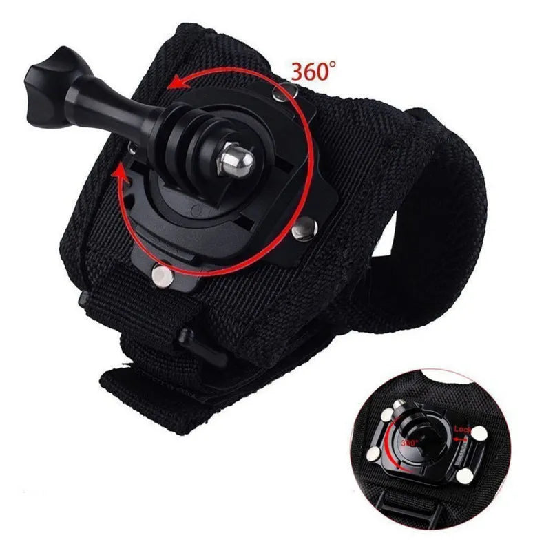 Black GoPro wrist strap with 360-degree rotating camera mount and cushioned back design
