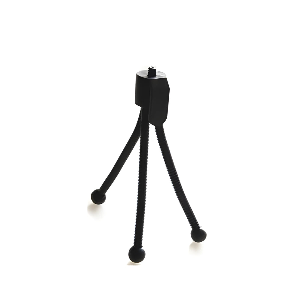 Compact aluminium mini tripod with ball head, shown contracted to 110mm height next to a smartphone.