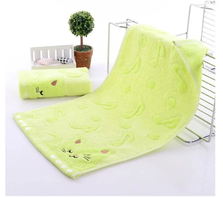 Bamboo fiber kitten face bath towels set of four colours blue green pink yellow 25x50cm