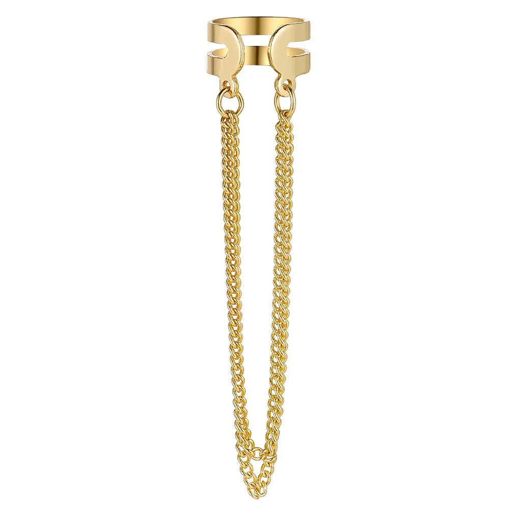Fashion double metal chain tassel earrings for women in gold colour with U-shaped copper design