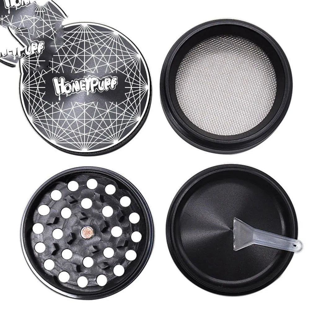 Four-layer aluminium alloy grinder in T12 black with windproof function and integrated tools including key chain and bottle opener