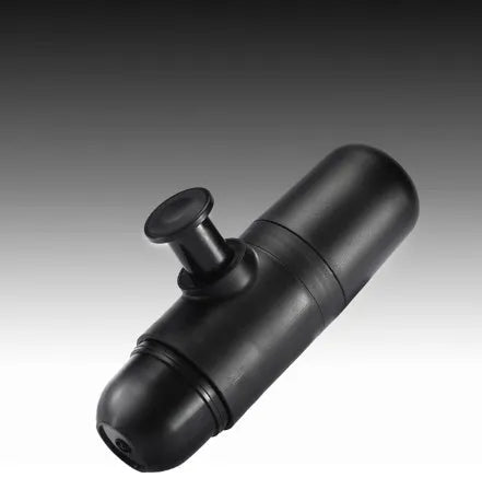 Black portable manual coffee machine showing compact size and manual operation components.