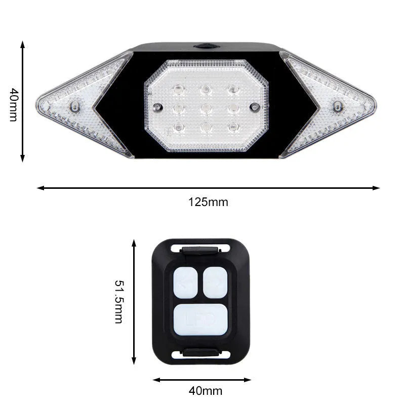 USB rechargeable bicycle turn signal with remote control, black, showing red and blue flashing LEDs
