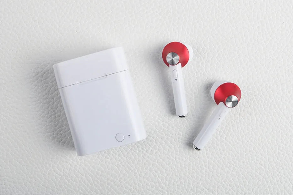 Sports Bluetooth wireless earbuds in black, gold, red, rose gold, or silver colour with 10-metre range and battery display