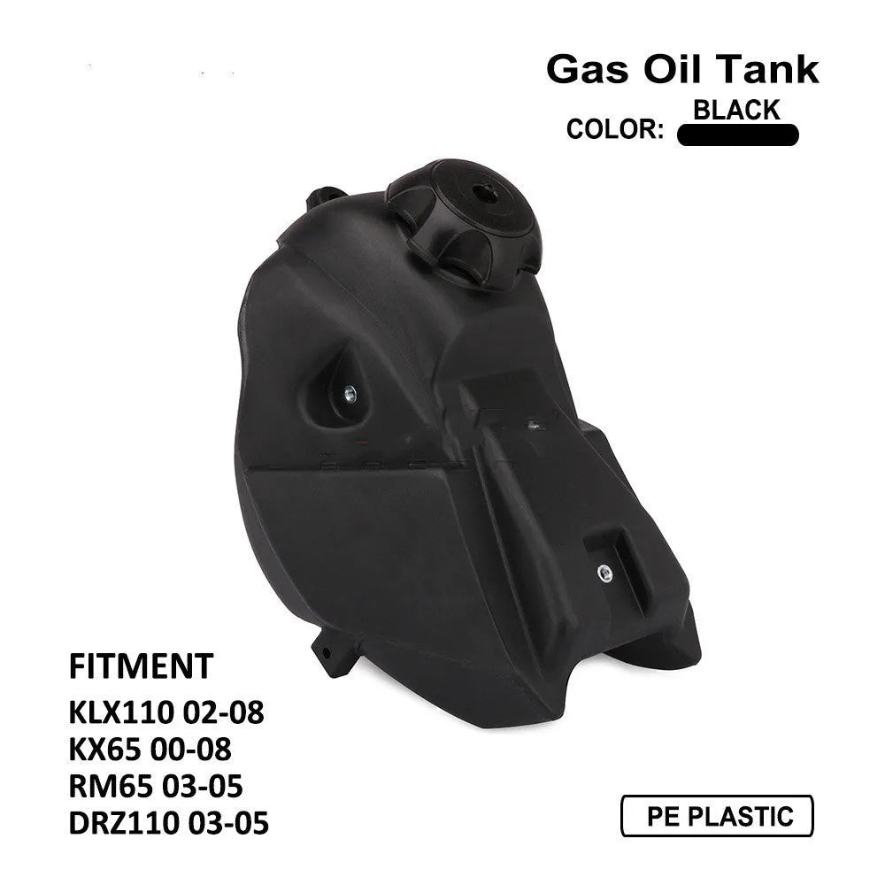 Black plastic off road motorcycle oil tank for KLX110 Tiandi version measuring 240x330x200mm
