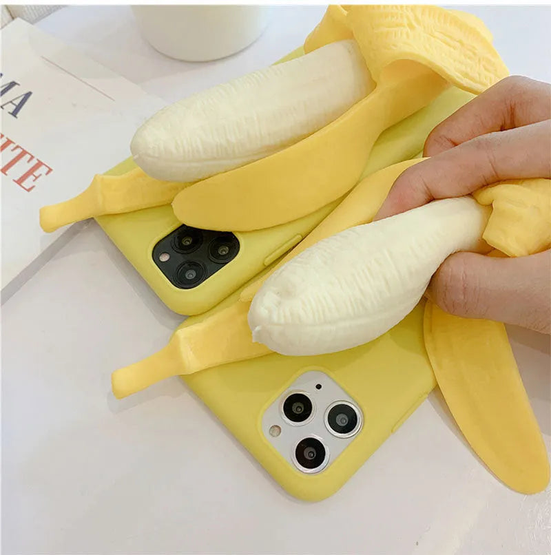 Banana yellow silicone iPhone case with unzip design detail showing anti-slip texture