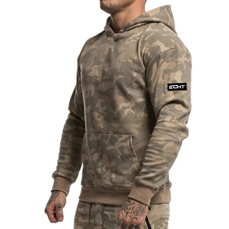 Men's cotton camouflage hoodie in Dark Blue, pullover style with kangaroo pocket