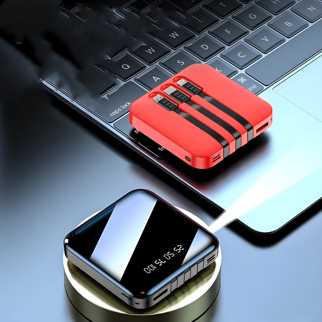 Square black power bank with a built-in white charging cable, showing compact 80mm size.