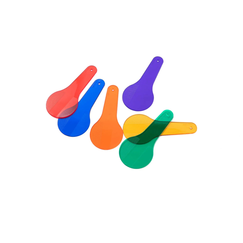 Set of six coloured PVC learning boards for kids: red, yellow, blue, green, orange, purple.