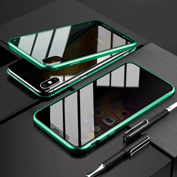 Black clamshell anti-peeping magnetic phone case for Samsung Galaxy shown open and closed.