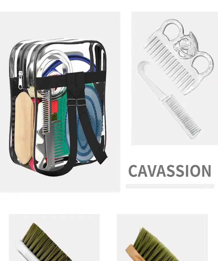 Complete 10-piece horse grooming kit showing brushes, combs, water scraper and storage bag
