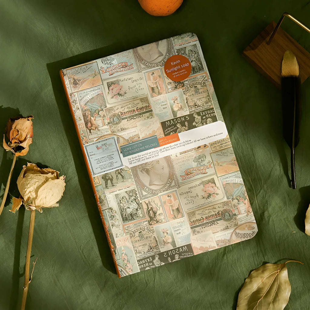 A5 kraft paper mood notebook in European retro style, shown in blue, coffee, and red colours.