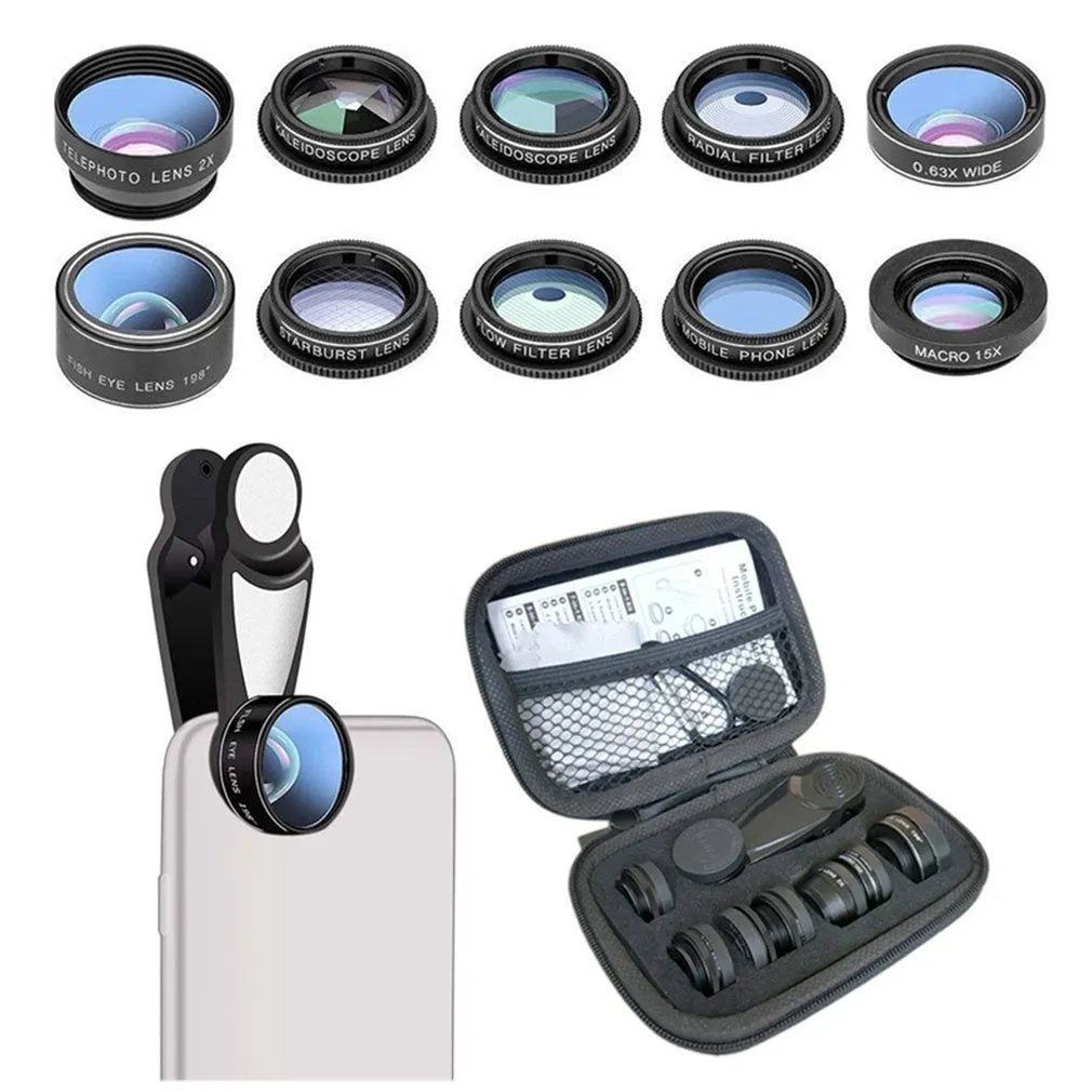 Black ten-in-one smartphone camera lens kit with aluminium-magnesium alloy and HD glass construction