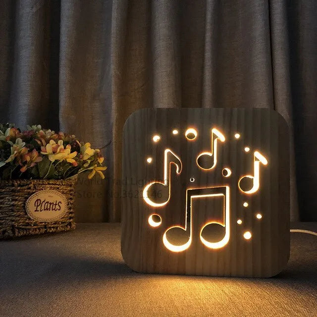 Square wooden pine LED atmosphere lamp with warm white light, shown with a USB cable.