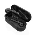 Black and white Bluetooth wireless in-ear headphones with touch controls and charging case