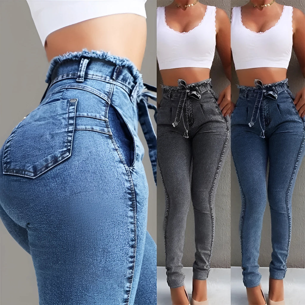 Women's fringed jeans with decorative frayed hems in dark blue, grey, and light blue colours