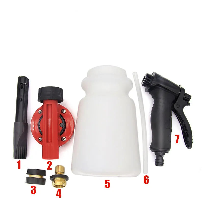 Foam pot high pressure water gun sprayer for garden use with adjustable pressure control.