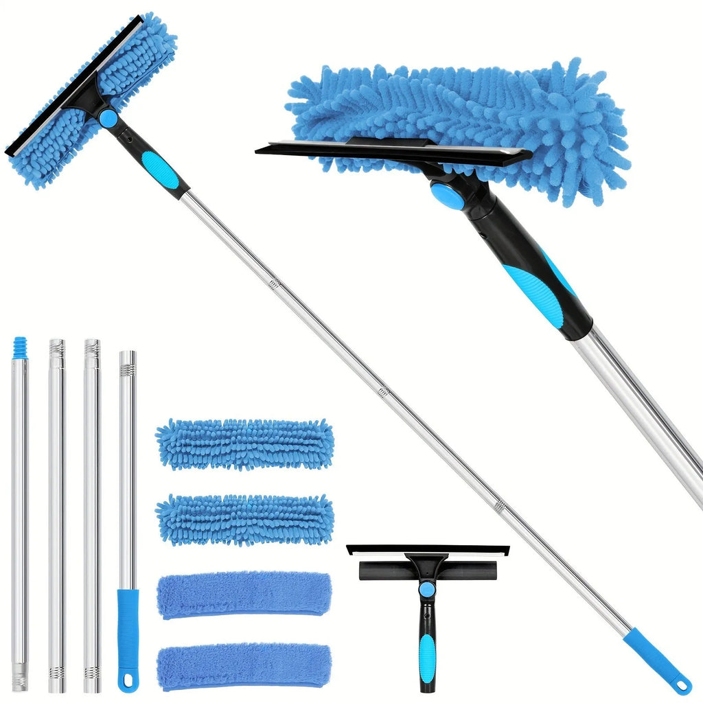 Two-in-one glass squeegee and wiper set with stainless steel poles and rotating head in blue, orange, and gray