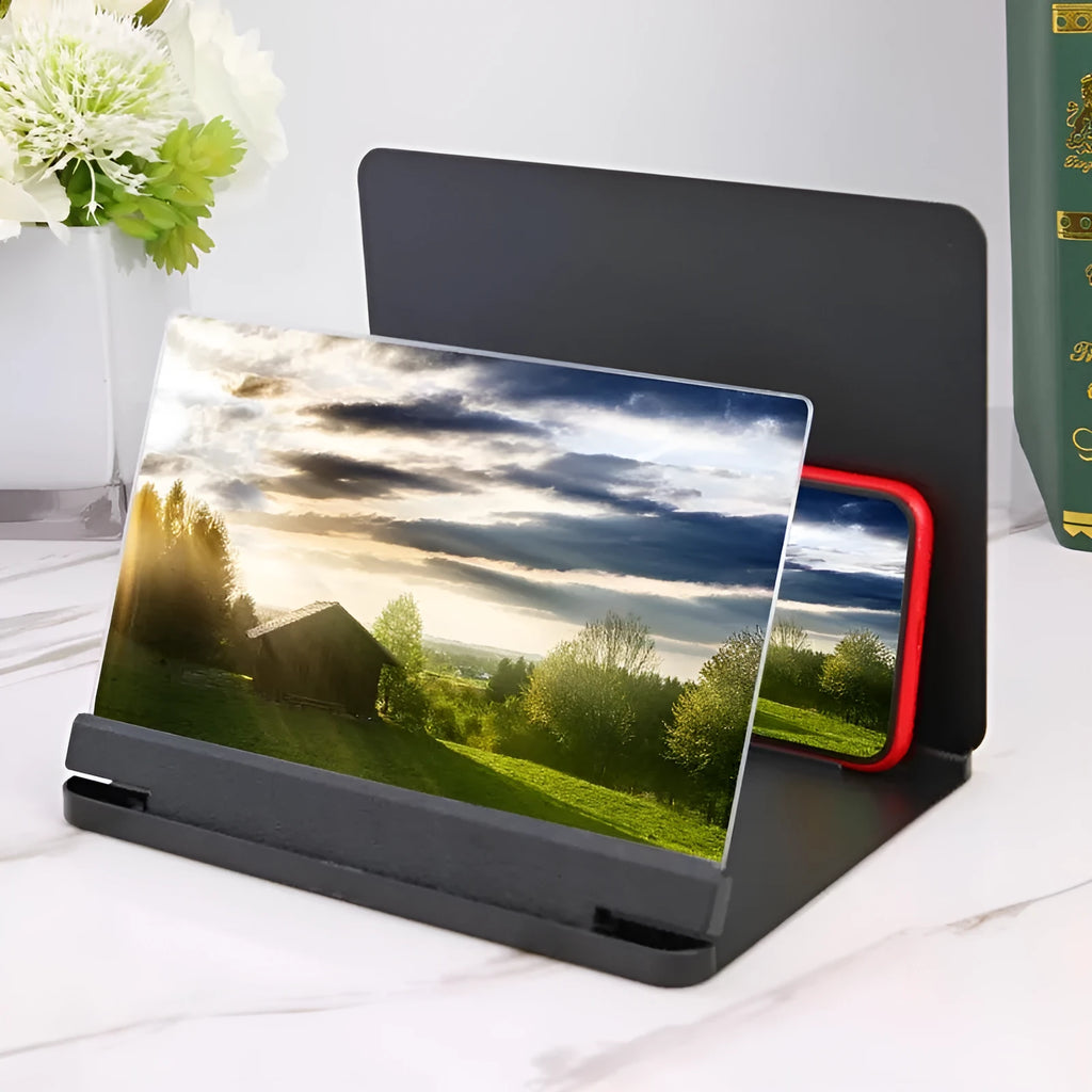White phone screen amplifier with plexiglass lens showing smartphone magnification