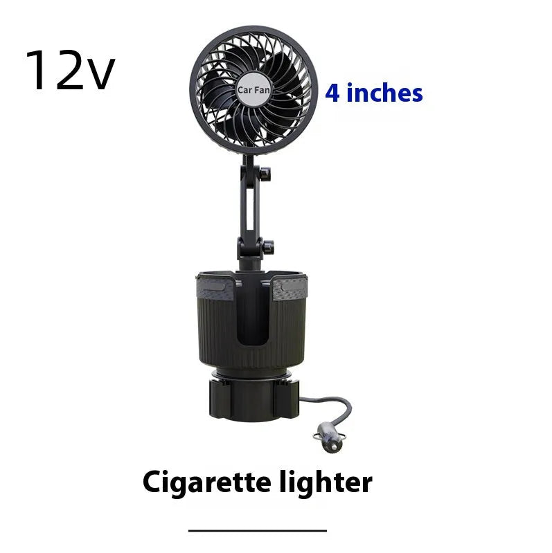 ABS plastic car cup holder fan showing 4-inch and 6-inch size options for 12V, 24V, or USB power.