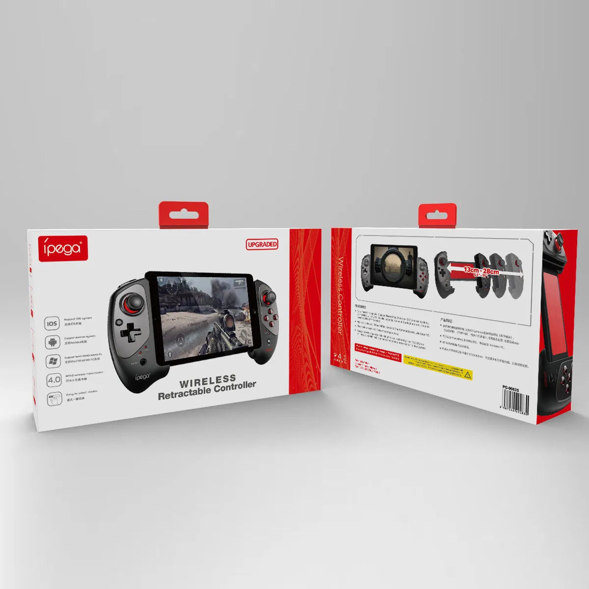 Red telescopic Bluetooth gamepad extended to hold a smartphone with USB cable