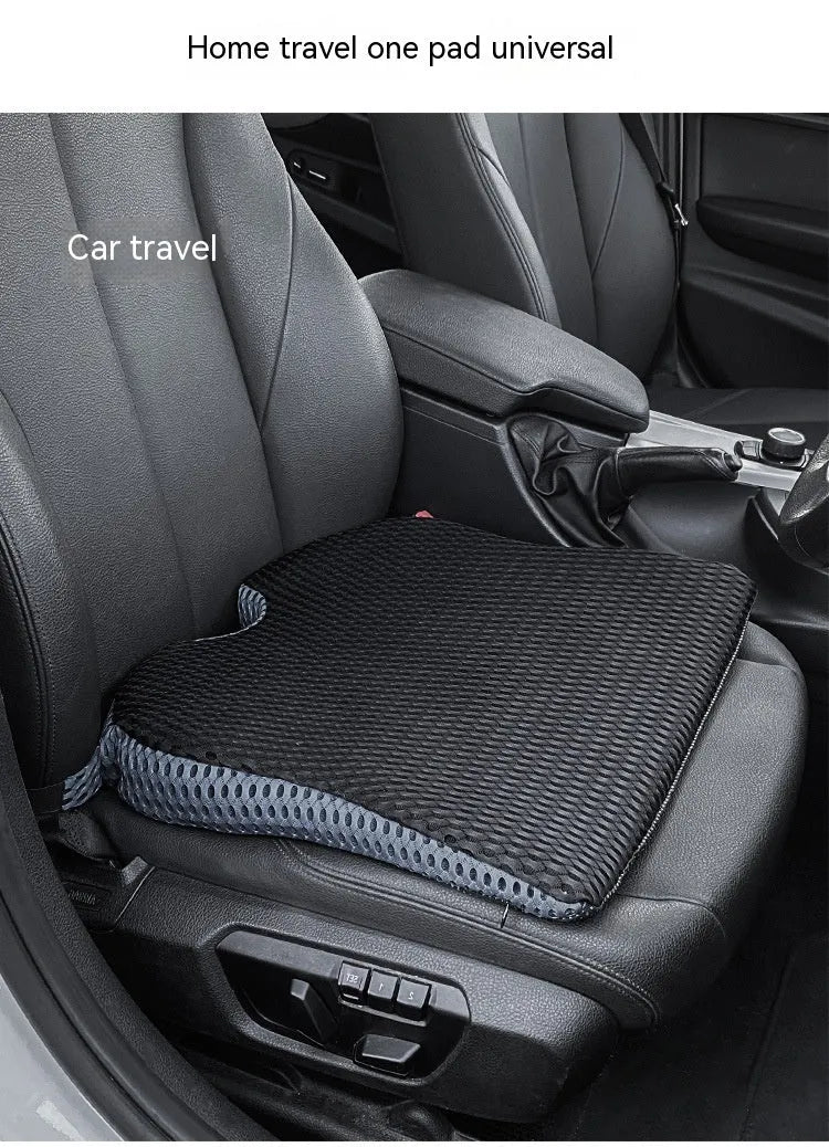 Memory foam car cushion with fixed strap attachment in black, grey, or creamy white