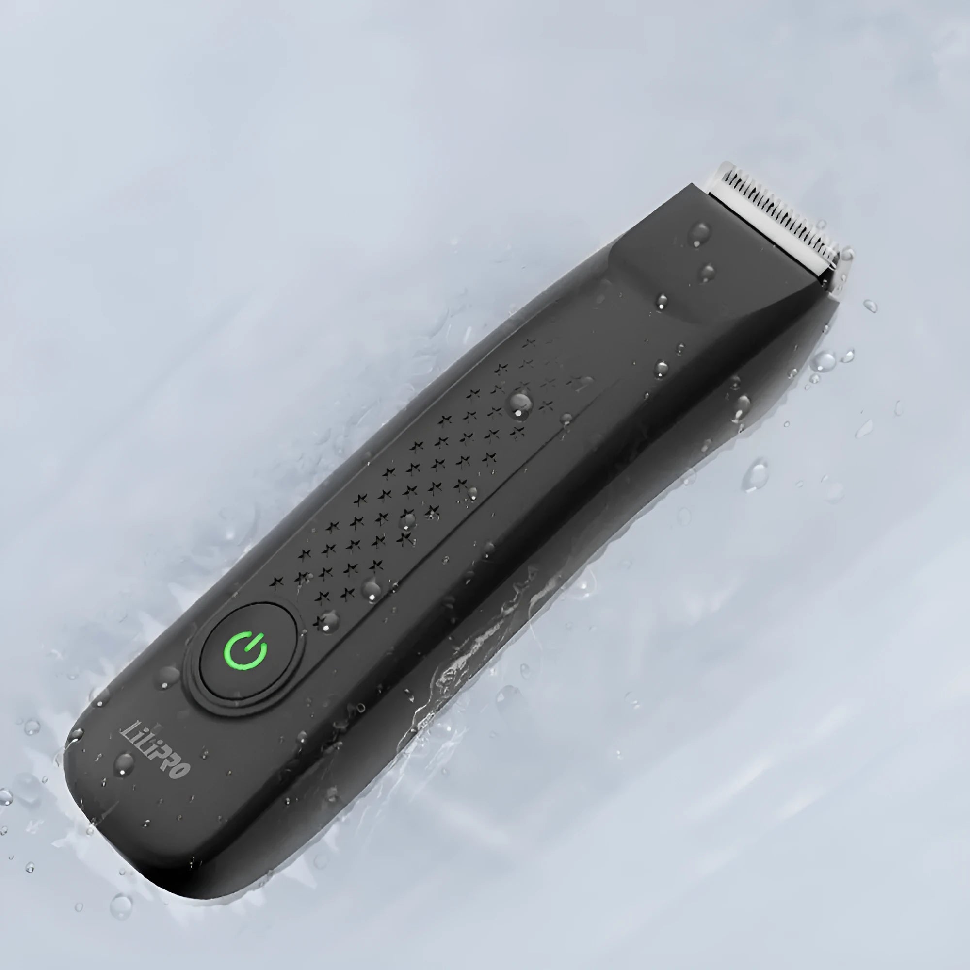 Black men's body hair shaver with ceramic blade and two-way limit comb on a white background